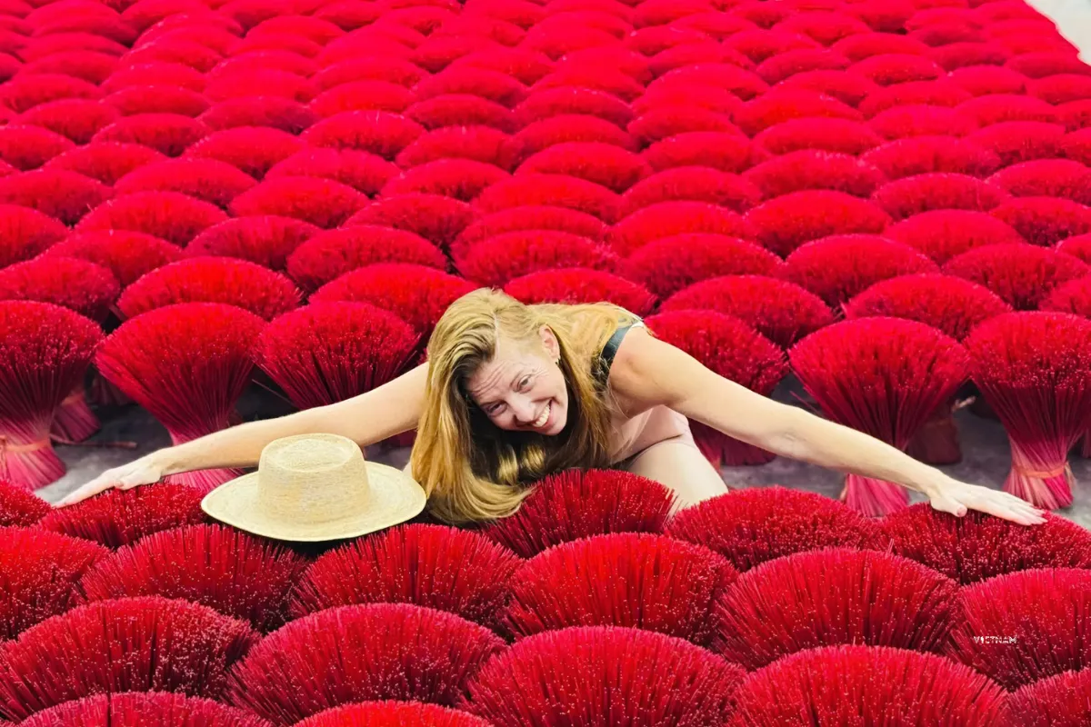 Exclusive Hanoi to Ninh Binh Day Tour: Incense Village & Trang An Boat Incense village Hanoi tour with colorful incense drying yards