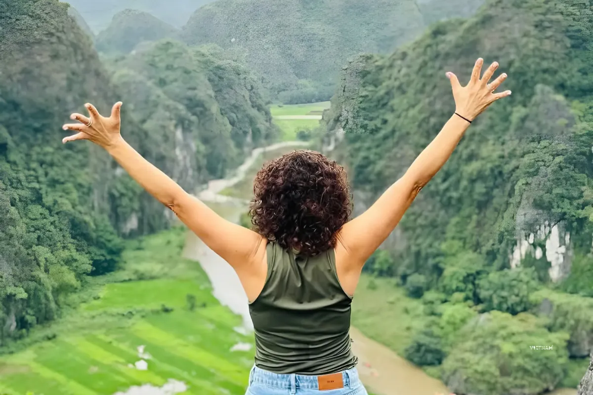 Mua Cave view overlooking rivers and limestone mountains
