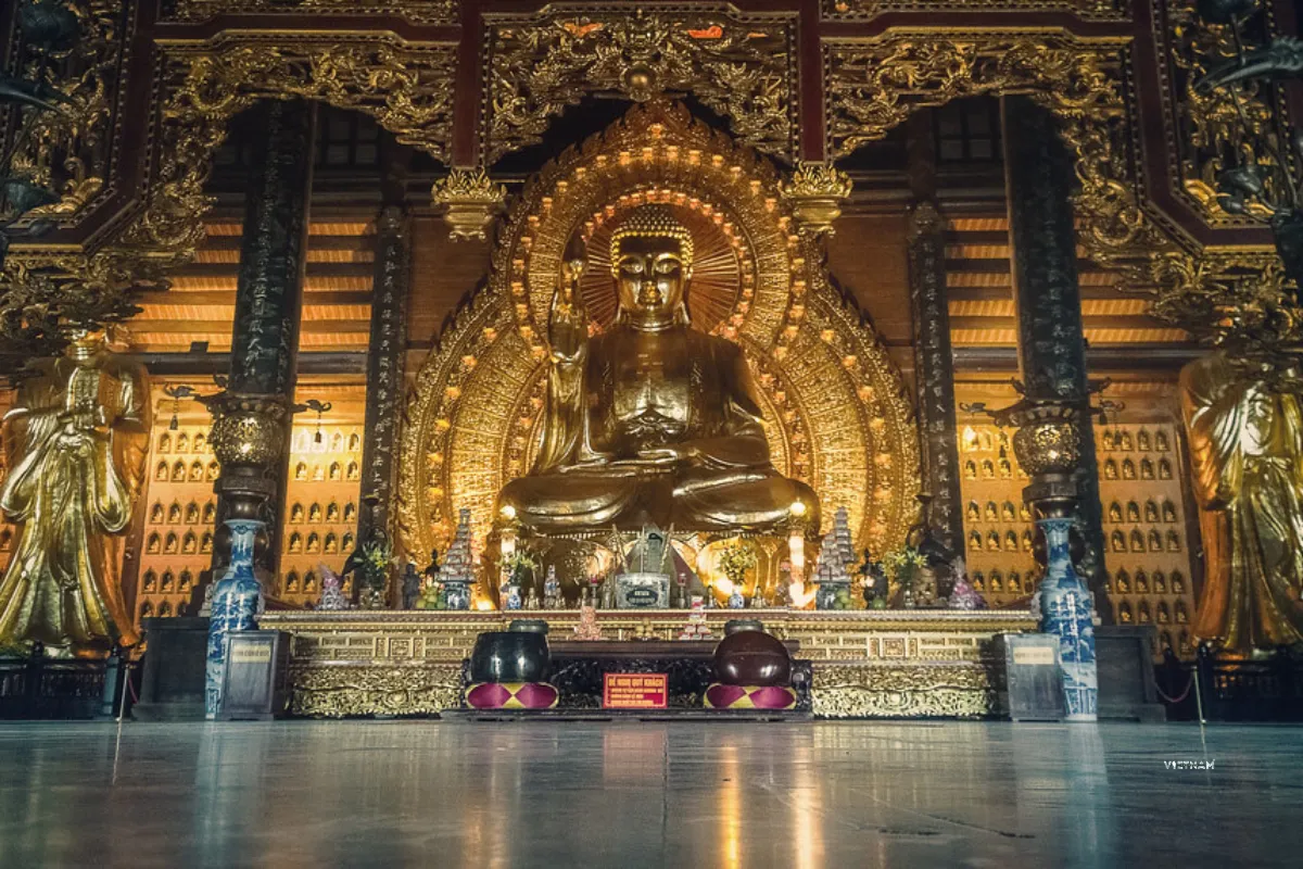 Best Trang An Grottoes Tour with Bai Dinh Pagoda | Ninh Binh Day Trip Phap Chu Temple interior with golden Buddha statue