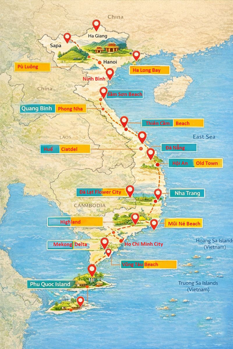 Vietnam itineraries map showing custom travel routes