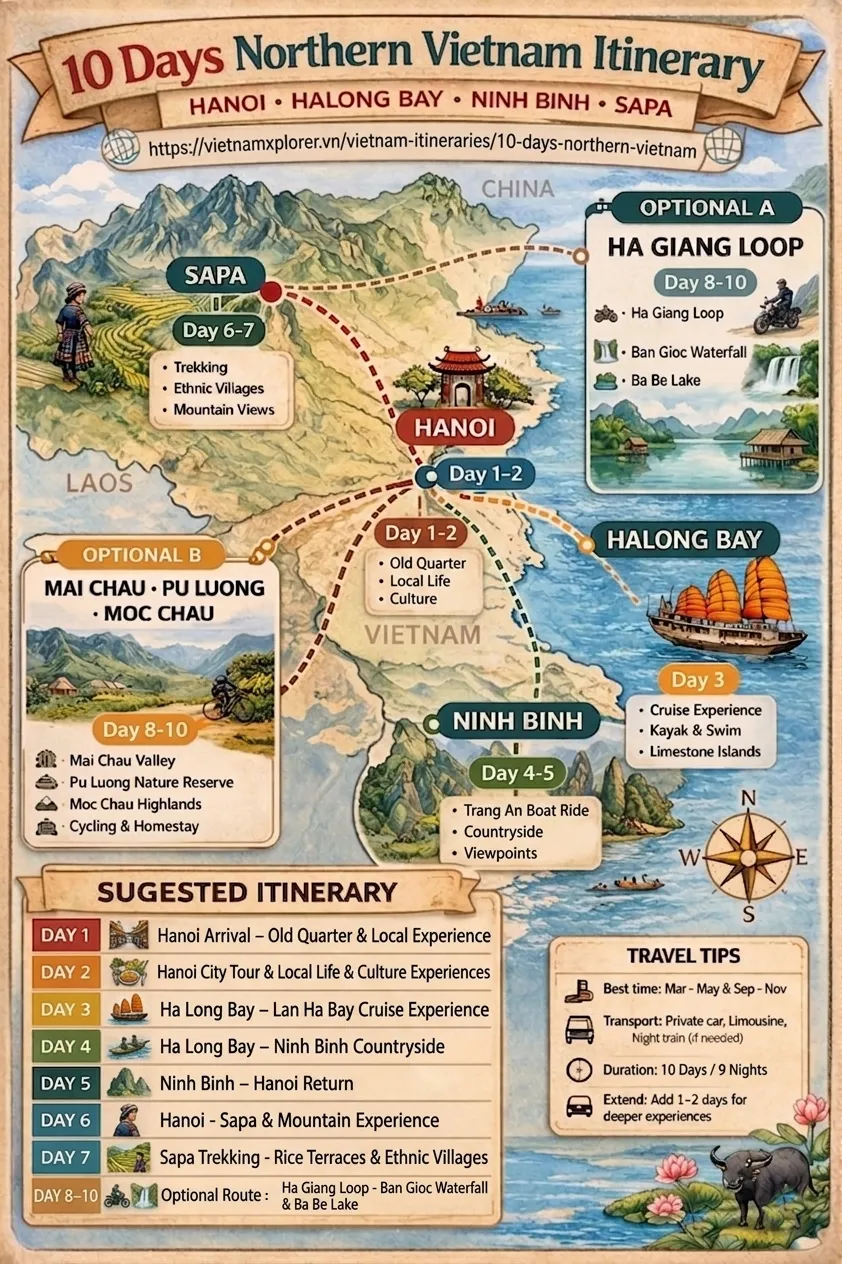 Travel map of 10 days northern Vietnam itinerary including Bai Dinh Pagoda and Trang An boat ride