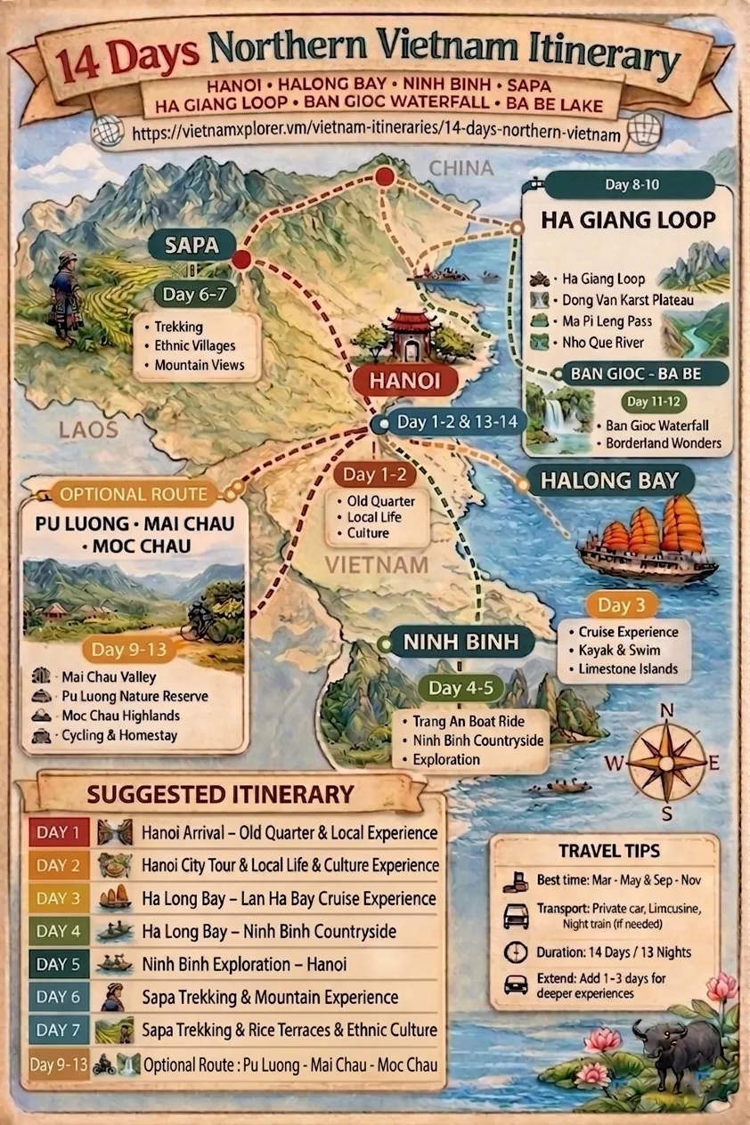 Travel map route for 14 days northern Vietnam itinerary including Ninh Binh and Hanoi villages