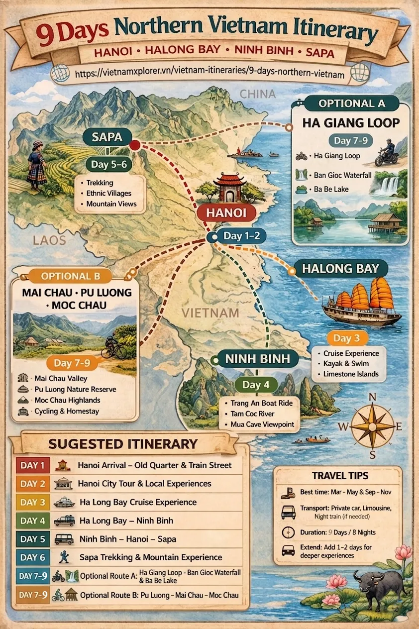Travel map of 9 days northern Vietnam itinerary including Ninh Binh and Halong Bay