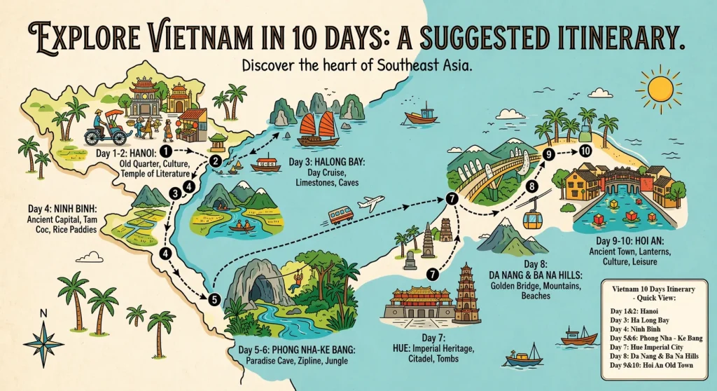 Travel map route for Vietnam 10 days itinerary including Hanoi, Halong Bay and Hoi An & Da Nang