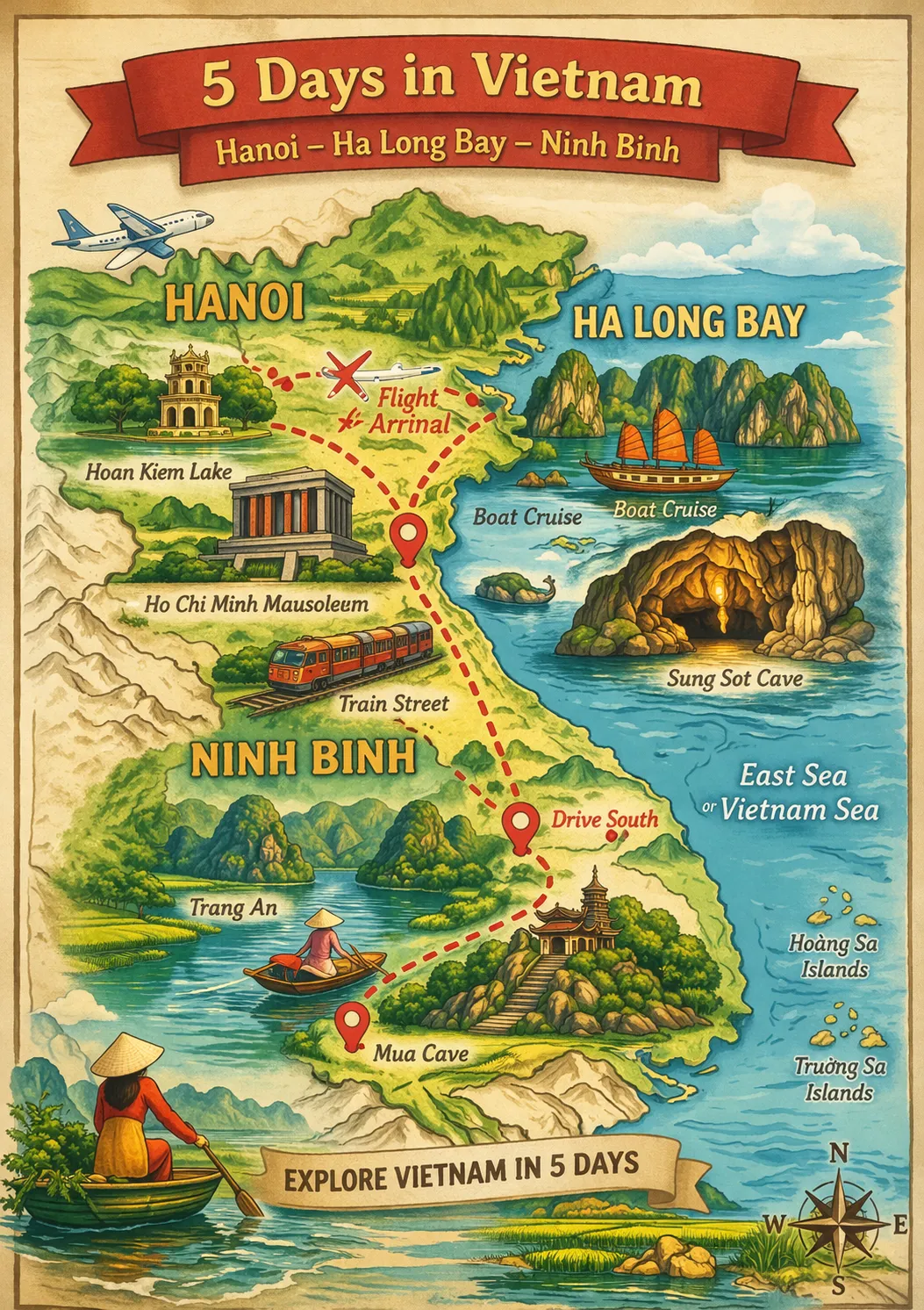 Hanoi, Ninh Binh and Ha Long Bay cruise scenery included in Vietnam 5 days itinerary