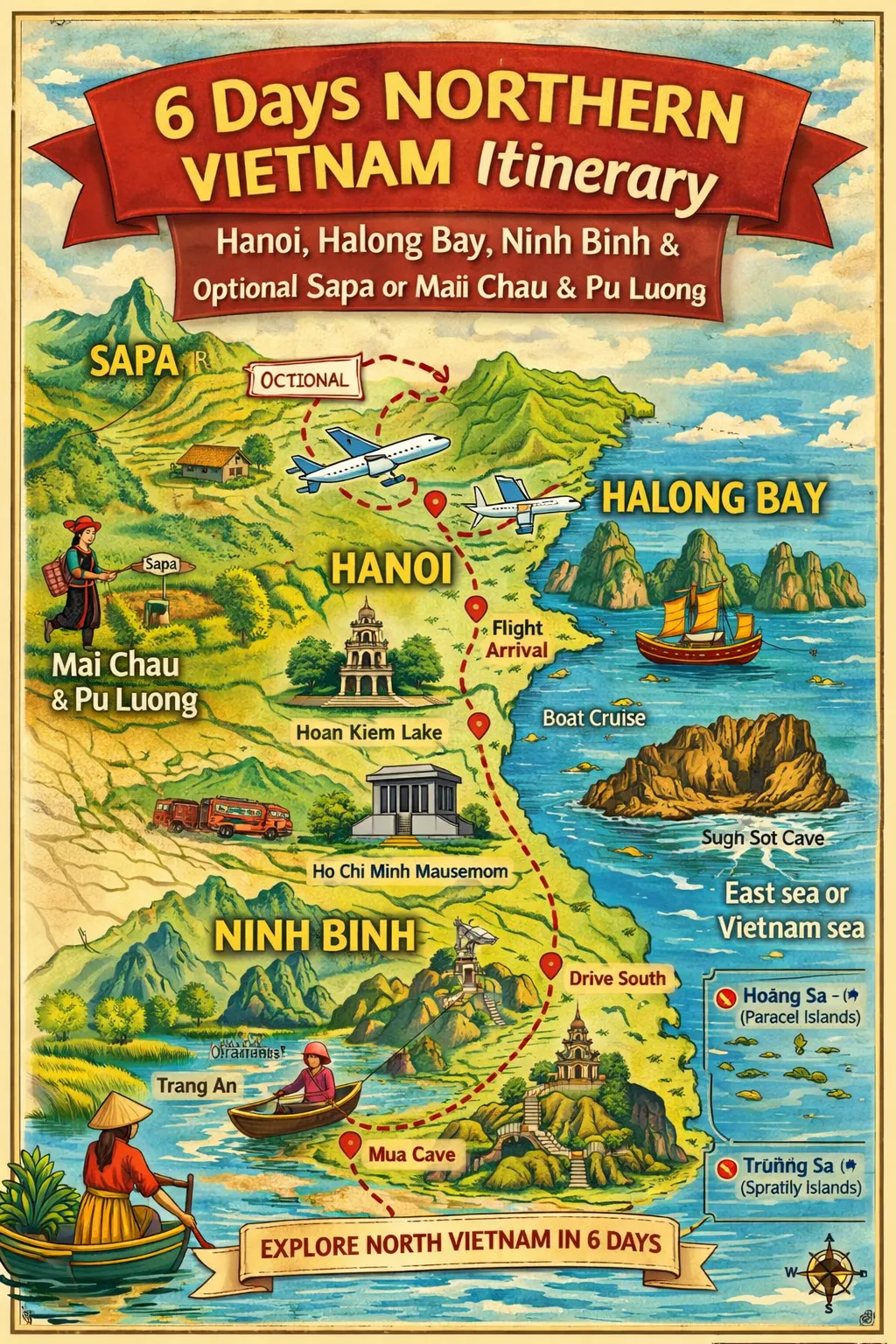 Travel map route for Vietnam 6 days itinerary including Hanoi and Halong Bay