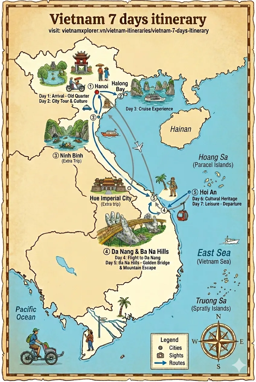 Travel map route for Vietnam 7 days itinerary including Ninh Binh and Ba Na Hills