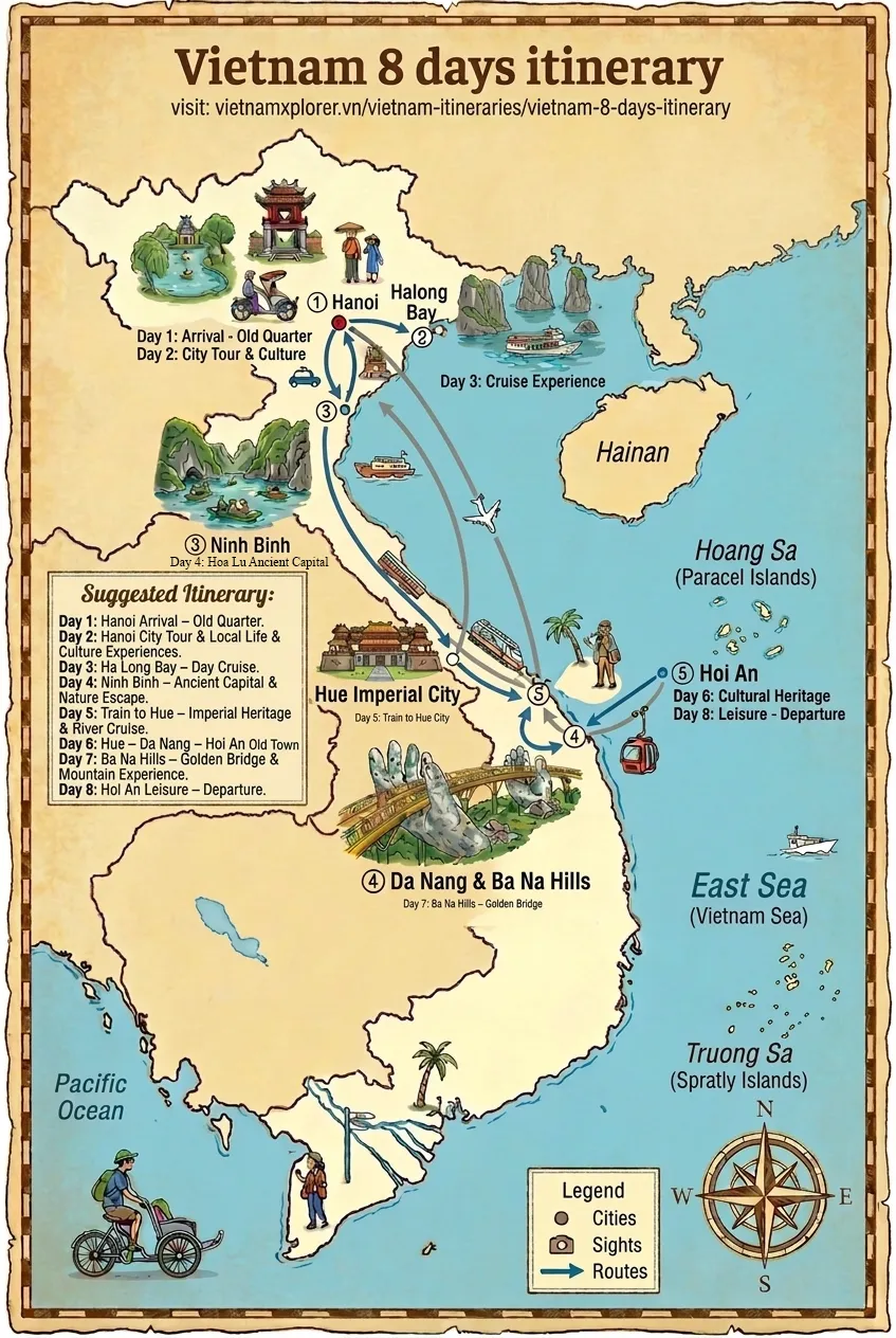 Travel map route for Vietnam 8 days itinerary including Halong Bay and Hoi An