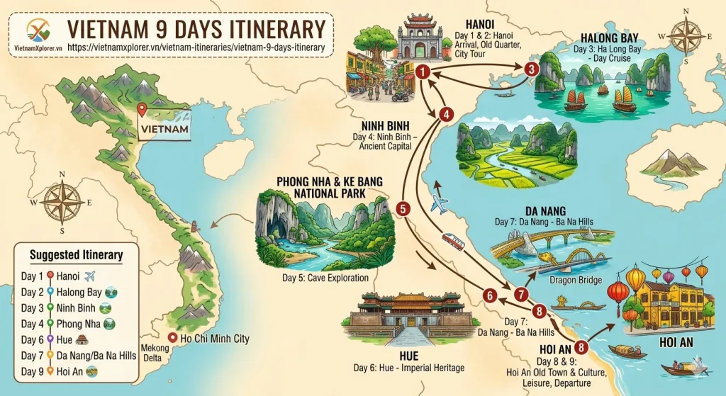 Travel map route for Vietnam 9 days itinerary including Ha Long Bay and Phong Nha