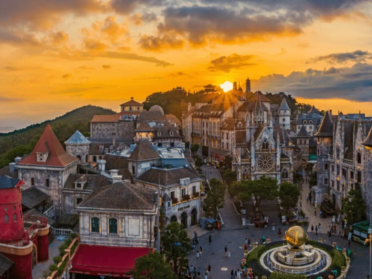 French Village at Ba Na Hills near Da Nang Vietnam surrounded by clouds